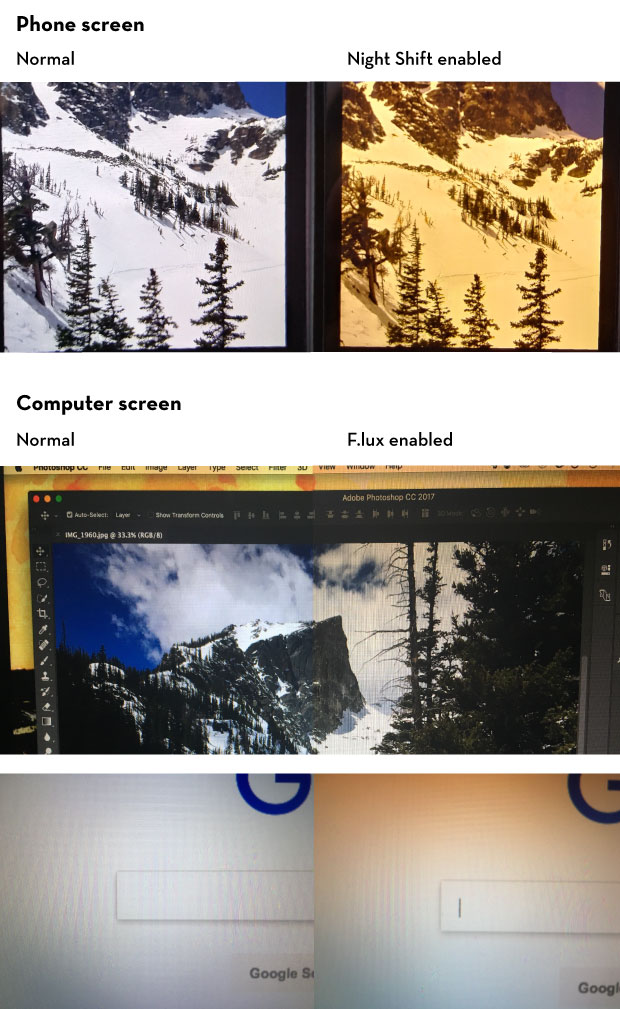 normal screen vs screen with blue light filter