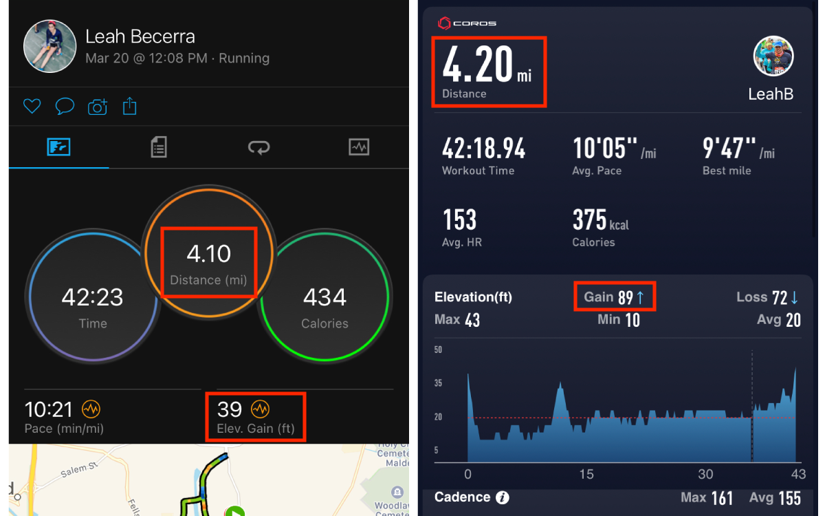 Garmin vs Coros run comparison highlights the differences in elevation gain and distance