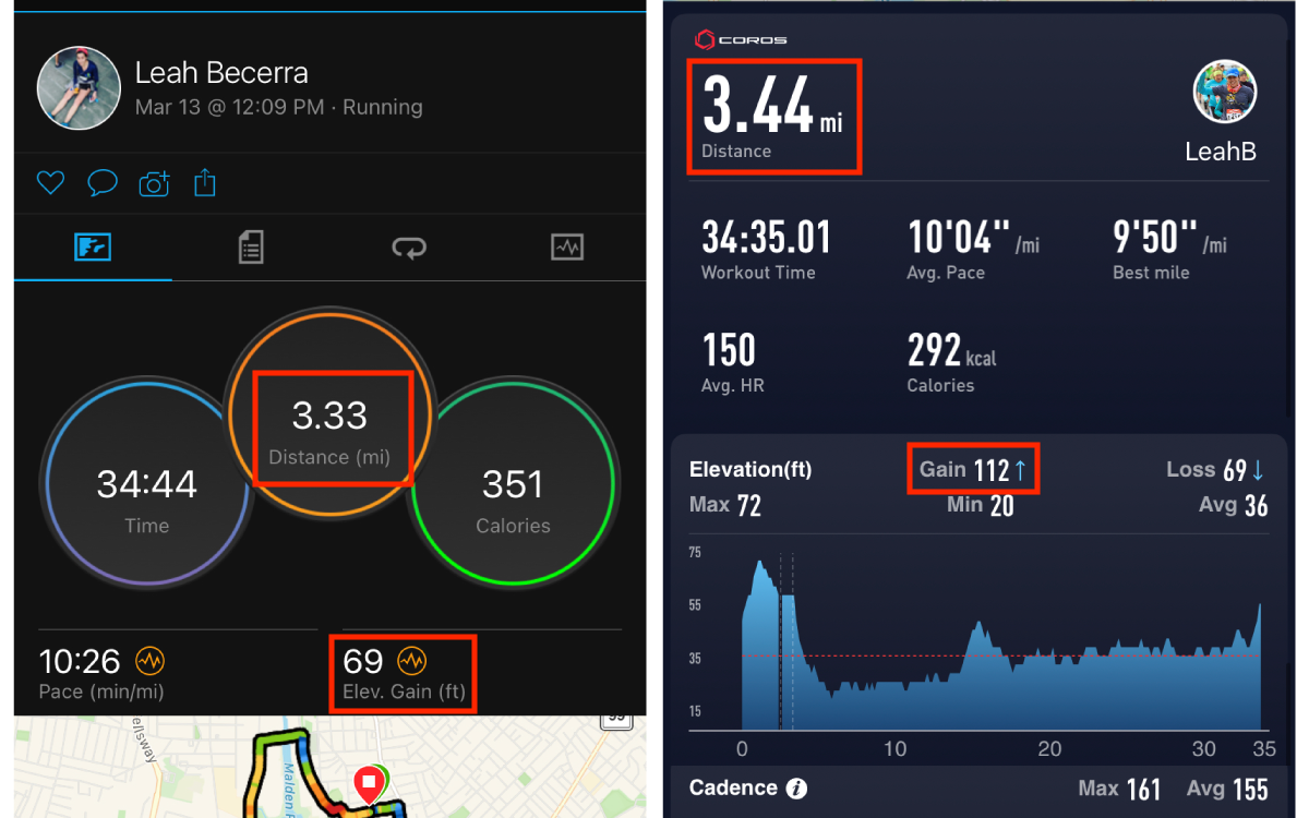 Garmin vs Coros run comparison highlights the differences in elevation gain and distance